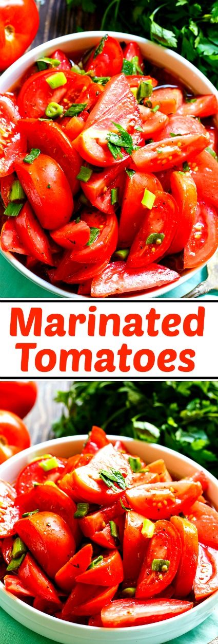 two pictures of tomatoes in a bowl with the words marinated tomatoes on top and below