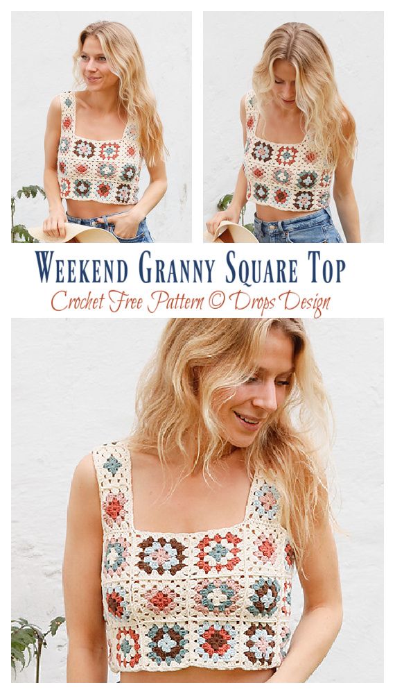 a woman wearing a crochet granny square top with three different pictures on it