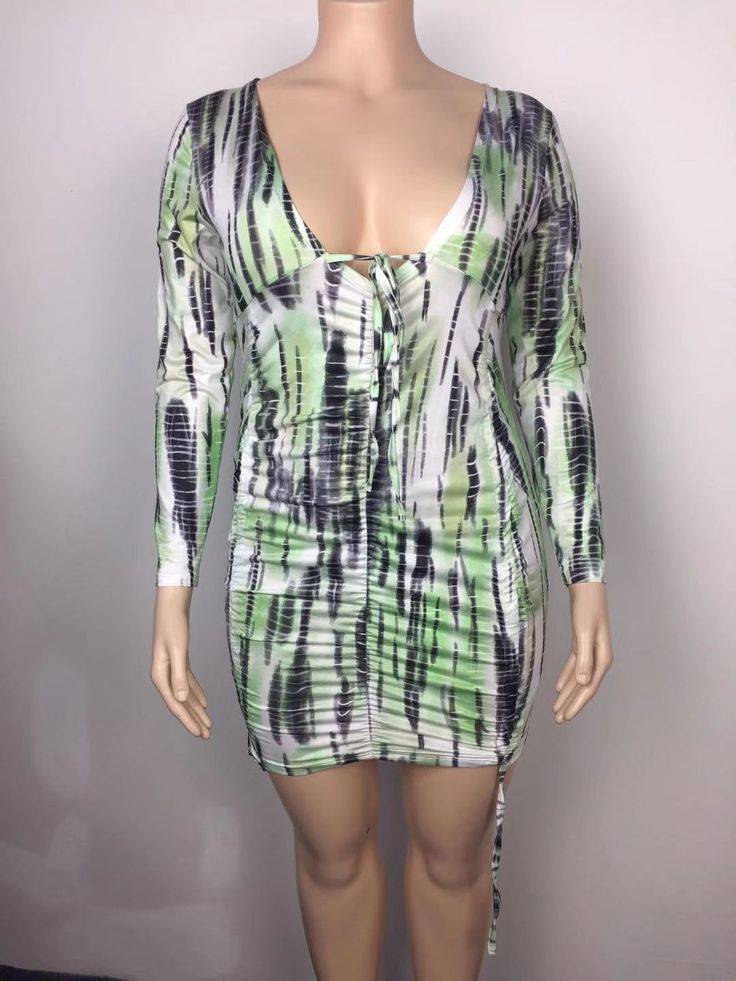 Plus Size Tie-dye Print V Neck Long Sleeve Drawstring Dress Tie Dye Mini Dress For Spring, Spring Green Mini Dress With Drawstring, Birthday Outfit For Women, Drawstring Dress, Dress Drape, Drawstring Dresses, Hip Dress, Tie Dye Print, Plus Size Dresses