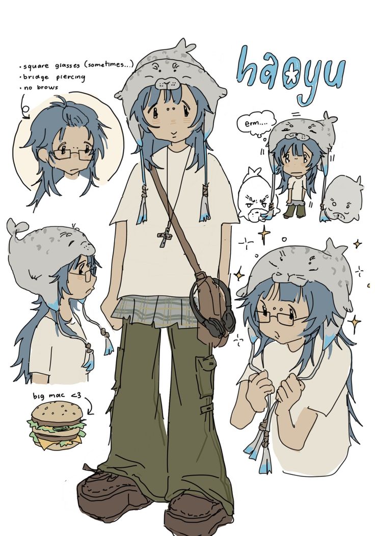 an anime character with blue hair and glasses holding a hamburger in one hand, while another person