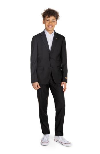 This lightweight two-button suit jacket and trousers in classic black let your child look formal without fuss. Includes jacket and trousers Jacket has notched lapels; nonfunctional three-button cuffs; chest welt pocket; front flap pockets; side vents Trousers have zip fly with button-tab closure; front slant pockets; back welt pockets 70% polyester, 27% rayon, 3% spandex Machine wash, tumble dry Imported Professional Single Button Suits For Business Meetings, Black Suits With Suit Collar For Business Meetings, Black Single-breasted Suit For Business Meetings, Professional Solid Color Single Button Suit, Uniform Tailored Suits For Workwear, Professional Solid Suits For Business Meetings, Classic Black Suit For Business Trips, Solid Notch Lapel Suits For Business Meetings, Fitted Formal Uniform Suit