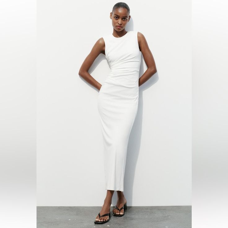 Zara 3152/320 Chic Ruched Sheath Sleeveless Dress, White Bodycon Sleeveless Evening Dress, Ruched Sheath Midi Evening Dress, Elegant Long Bodycon Dress For Spring, Fitted Sleeveless Maxi Dress For Work, Elegant Ruched Sleeveless Dress For Spring, White Bodycon Maxi Dress For Formal Occasions, White Ruched Maxi Dress For Evening, White Ruched Maxi Evening Dress