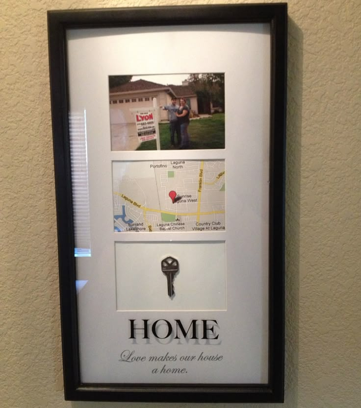 a framed photo with a key hanging on the wall next to a sign that says home