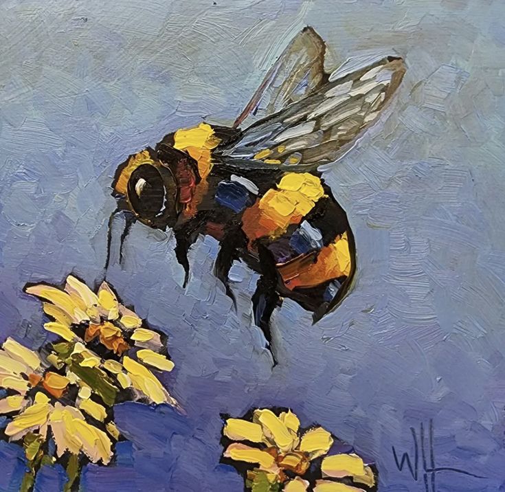 a painting of a bee flying over yellow flowers