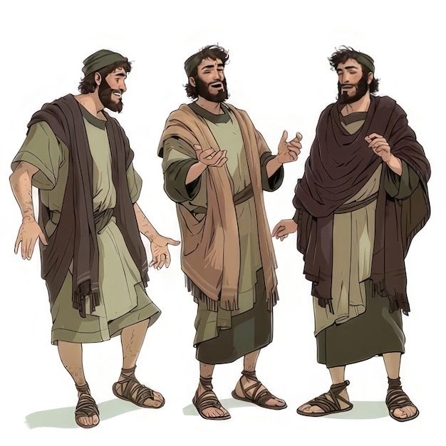 three men dressed in biblical clothing standing next to each other, one holding his hand out