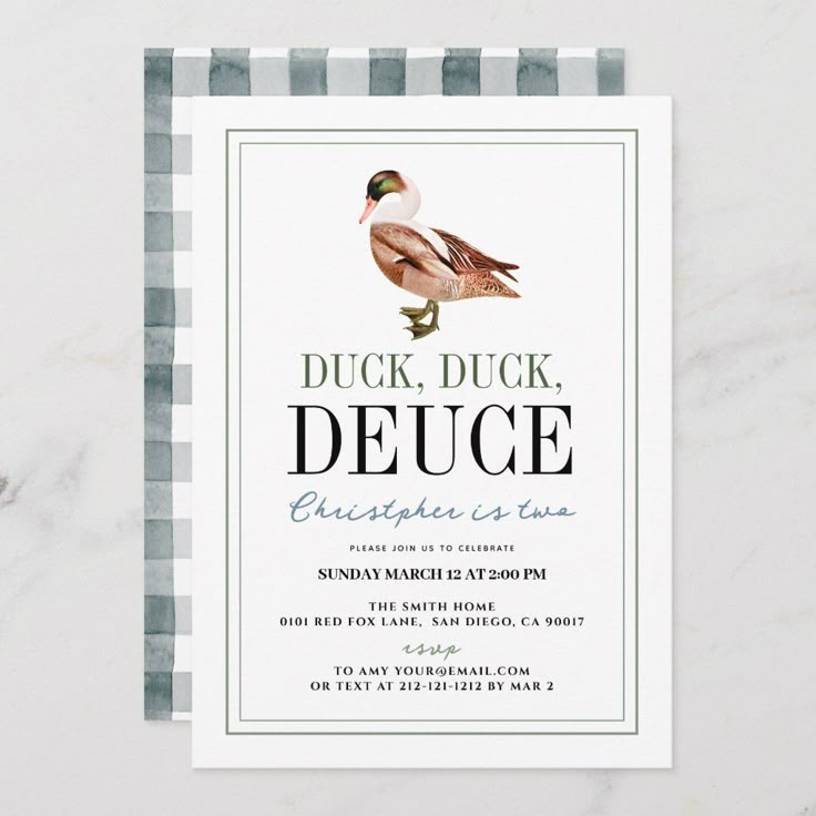 duck, duck, and deuce birthday party card on a marble table with grey stripes