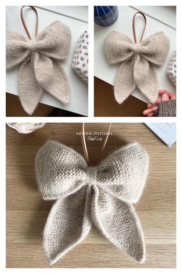 three pictures showing how to make a knitted bow