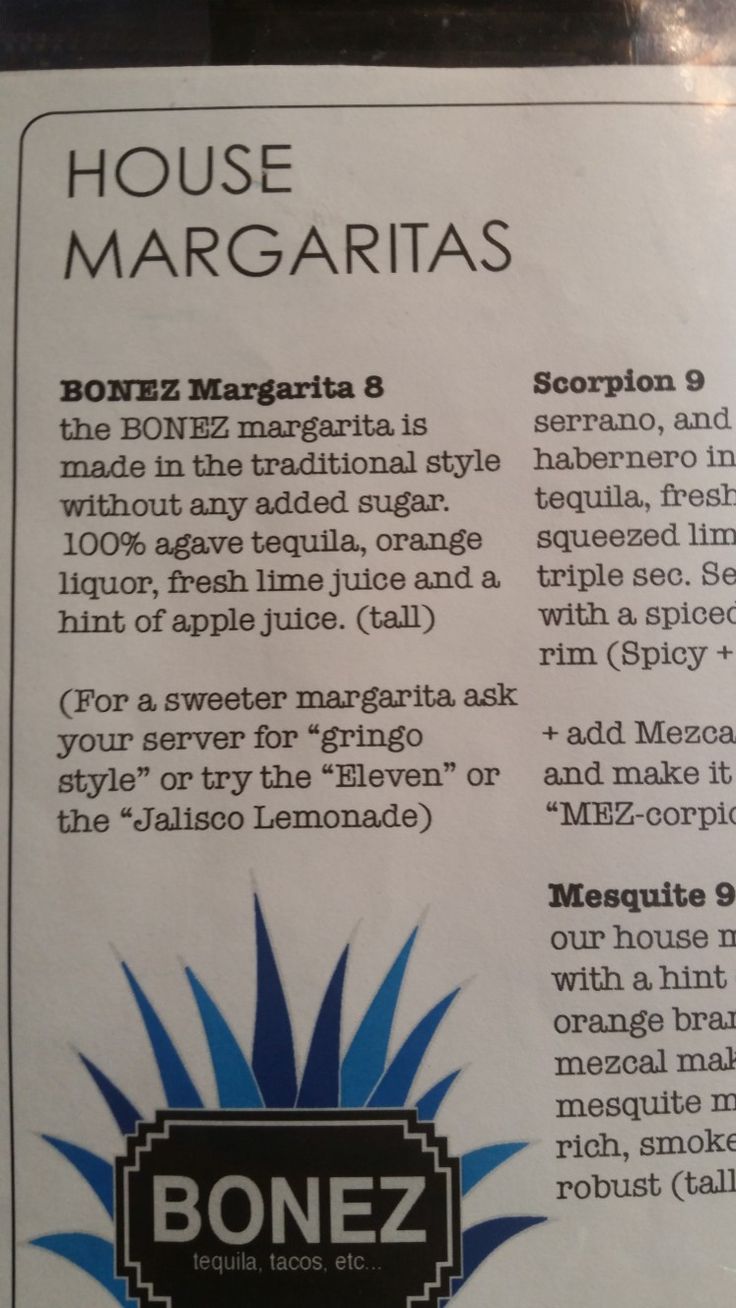 the menu for house margaritas