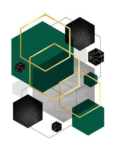 an abstract design with gold and black squares, cubes, and lines on a white background