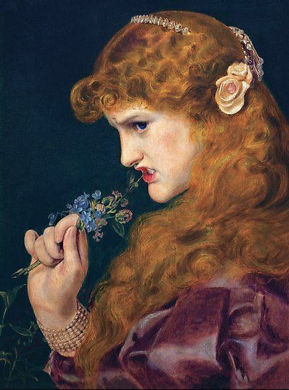 a painting of a woman with long red hair holding a flower in her right hand