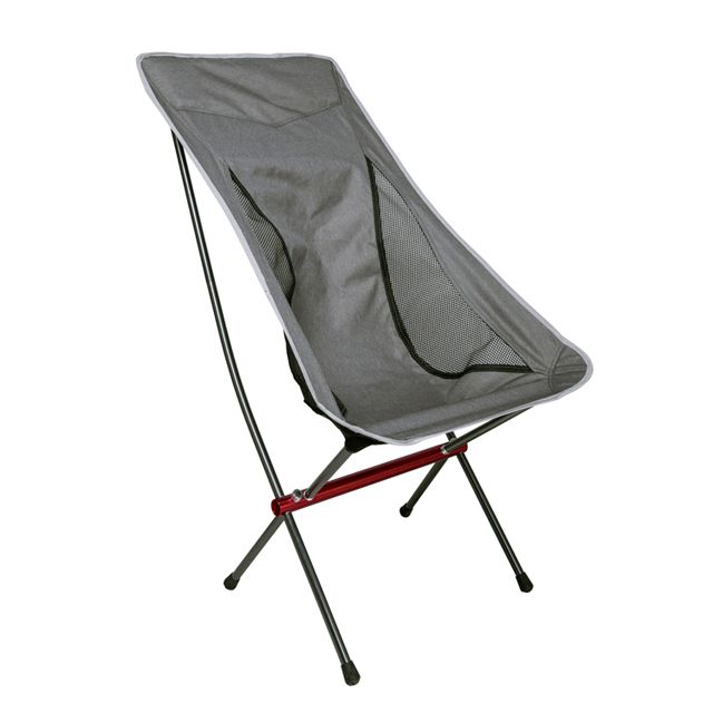 a gray chair with black legs and a red handle on the back end, sitting in front of a white background