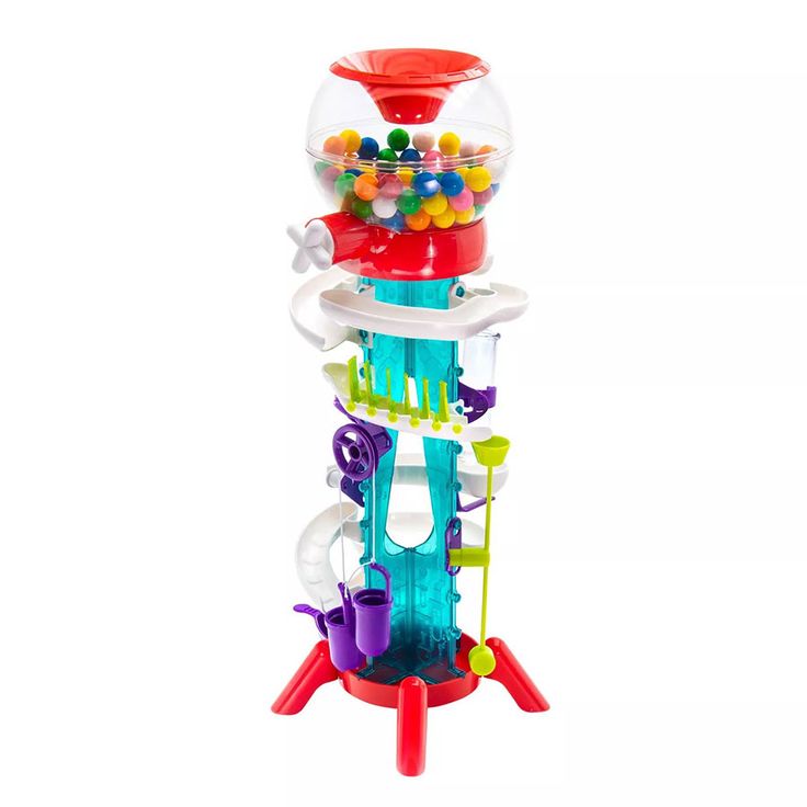 a toy tower filled with lots of colorful toys on top of it's sides