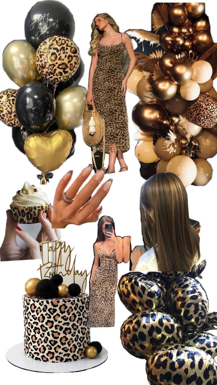 a collage of photos with gold and black balloons, leopard print dress, high heeled shoes, woman's hand holding cake