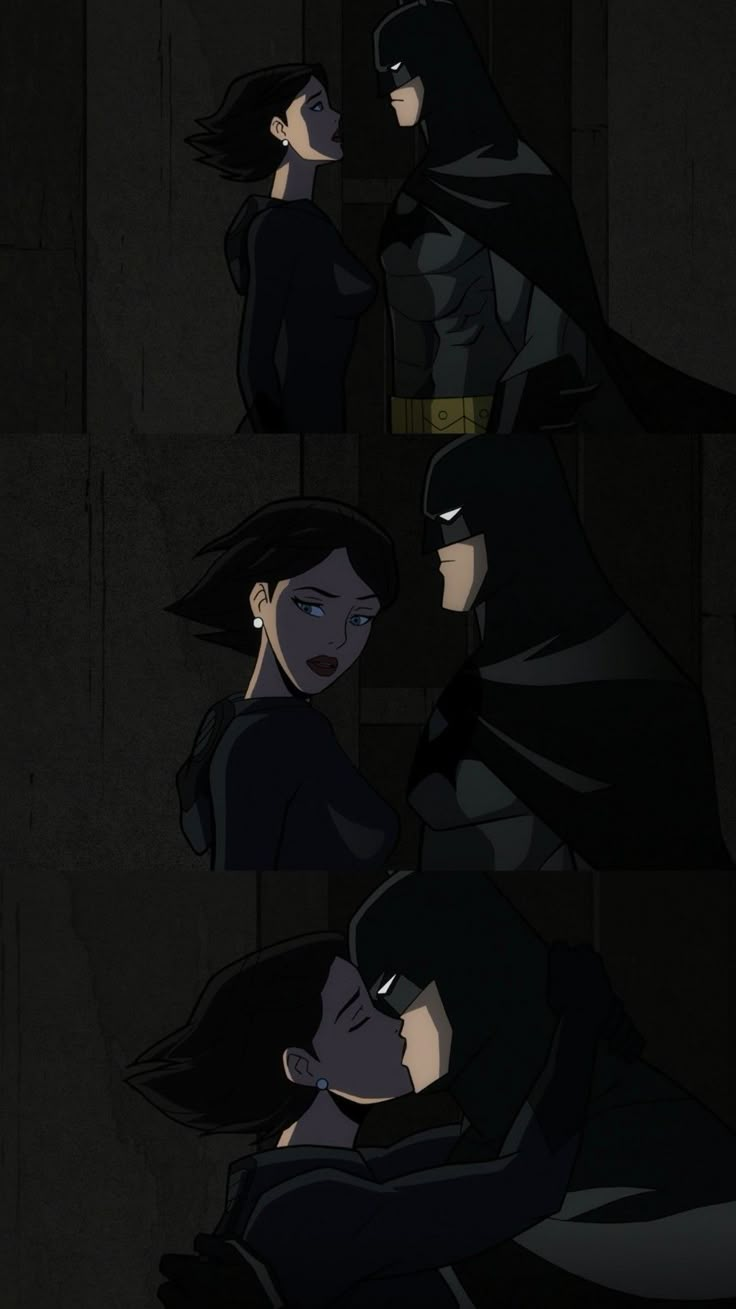 batman and catwoman in the dark knight animated movie, with their faces slightly open