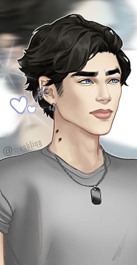 a digital painting of a man with black hair and blue eyes wearing a grey t - shirt