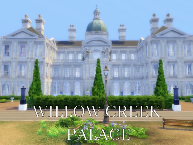 a large white building with trees in front of it and the words willow creek palace