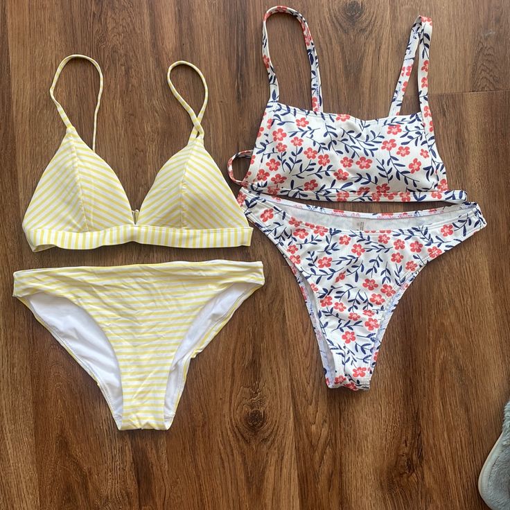 Never Worn H&M Yellow Bikini Size: 6 Bottoms & 4 Top Never Worn Shein Flower Bikini Size: Small Never Worn Shein Grey Tie Size Small H&m Sleeveless Beach Swimwear, Yellow Printed Swimwear For Spring, H&m Fitted Swimwear For Spring, Spring Yellow Printed Swimwear, H&m Swimwear For Spring Pool Time, H&m Swimwear For Spring Poolside, H&m White Swimwear For Spring, H&m Swimwear For Beach In Summer, H&m Swimwear For Summer Beach