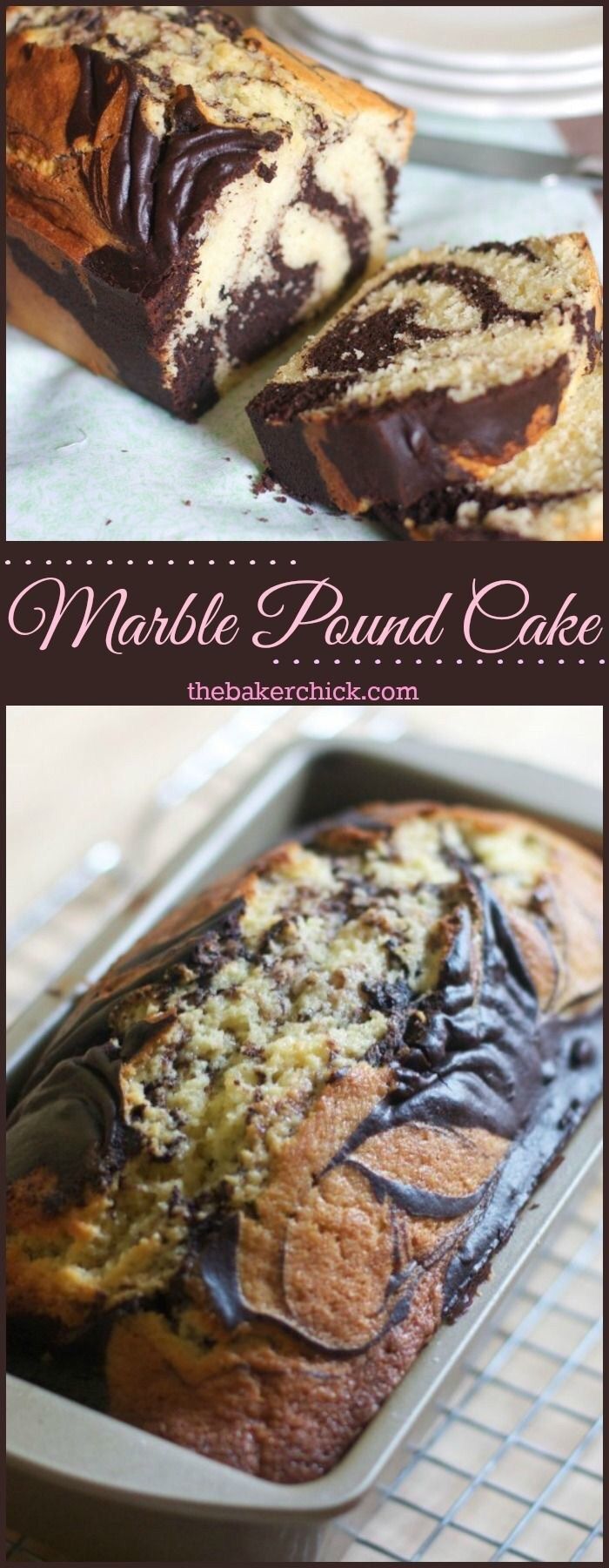 marble pound cake with chocolate frosting on top