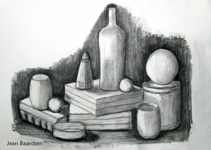 a pencil drawing of books, vases and other items