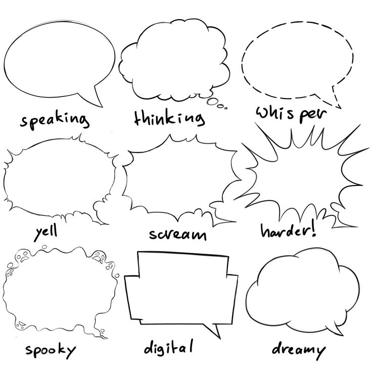 the different types of speech bubbles are shown in black and white, with words above them