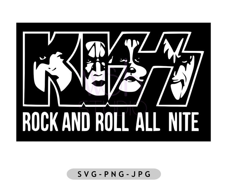 the rock and roll all nite sticker is shown in white on a black background