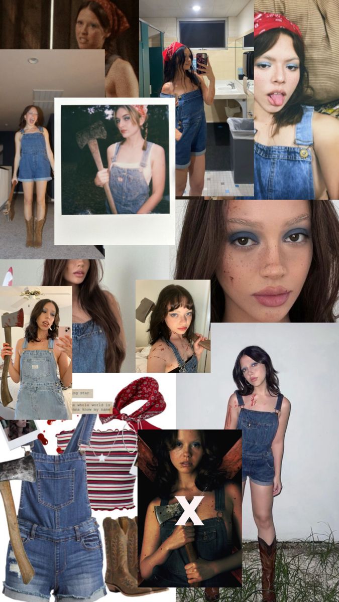 a collage of photos with women in overalls and hair accessories, including an image of a woman's face