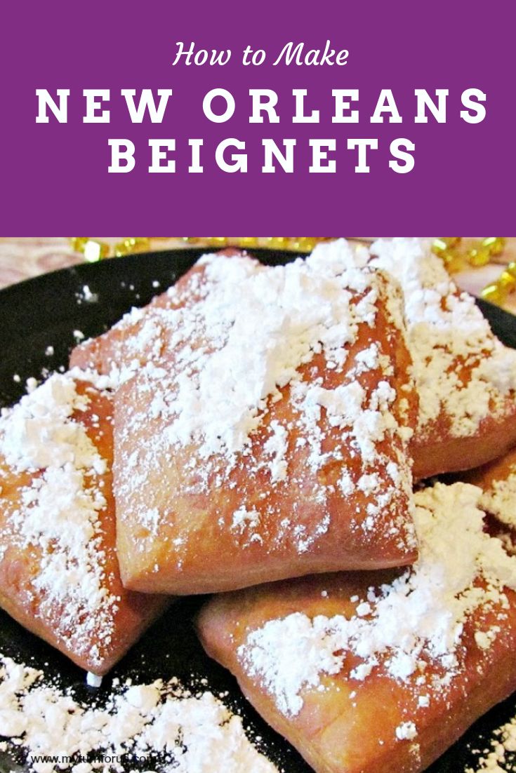 some powdered sugar on top of pastries in a black pan with the words how to make new orleans beignets