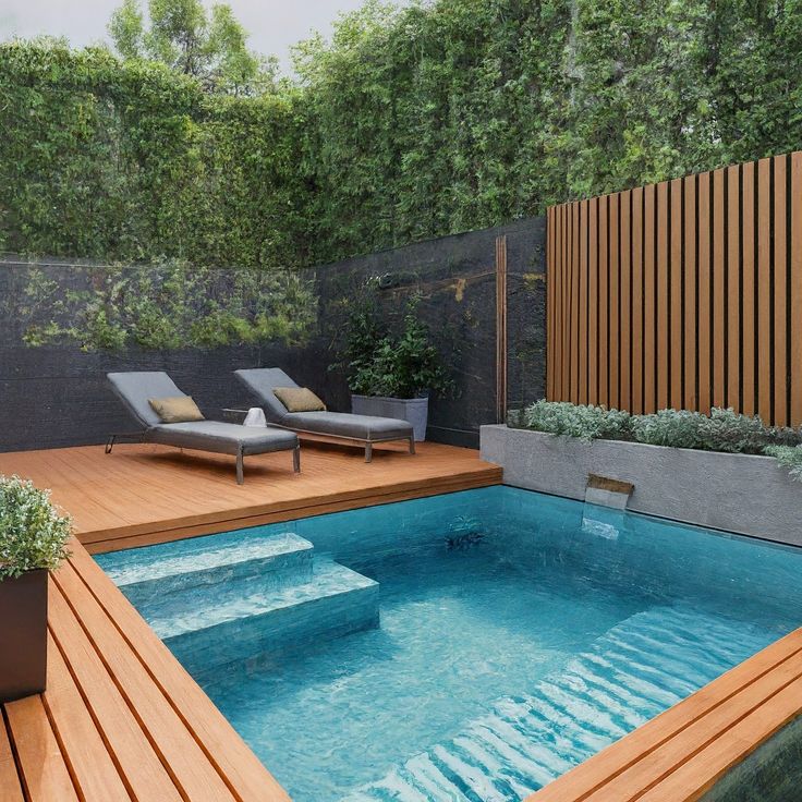 a small pool in the middle of a wooden decked area with lounge chairs on it