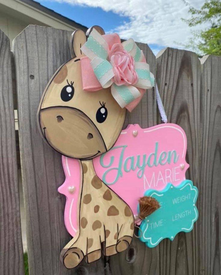 Wooden custom giraffe door hanger.I can customize colors and details to liking Hospital Door Hanger, Hospital Door Hangers, Baby Door Hangers, Baby Wreath, Baby Teddy Bear, Baby Door, Hospital Door, Pink Giraffe, Noah S Ark