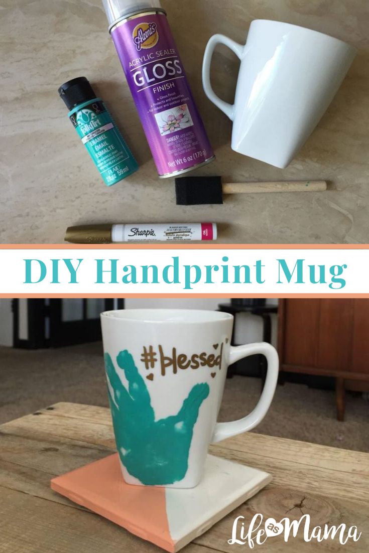 a coffee mug with the words diy handprint mug on it