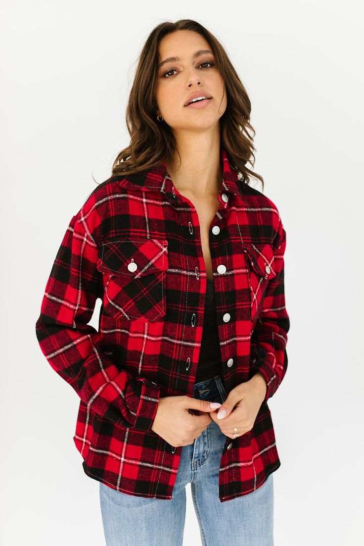 red plaid // collared, working buttons, long sleeves, pockets paired with our milo ribbed bodysuit + high kick denim in medium wash + vance double tab chelsea boot model is 5'9" + wearing a small measurements are approximate + taken while laying flat small : bust 44” length 27.5” medium : bust 46” length 28” large : bust 48" length 28.5" more fit + fabric info : polyester // fabric has no stretch // relaxed fit Fall Flannel Outerwear With Snap Buttons, Flannel Button-up Outerwear With Snap Buttons, Plaid Tops With Button Closure For Fall, Trendy Fall Flannel Shirt With Pockets, Trendy Fall Tops With Snap Buttons, Trendy Tops With Snap Buttons For Fall, Trendy Fall Outerwear For Casual Gatherings, Long Sleeve Flannel Shirt With Snap Buttons For Fall, Fall Button-up Outerwear For Casual Gatherings