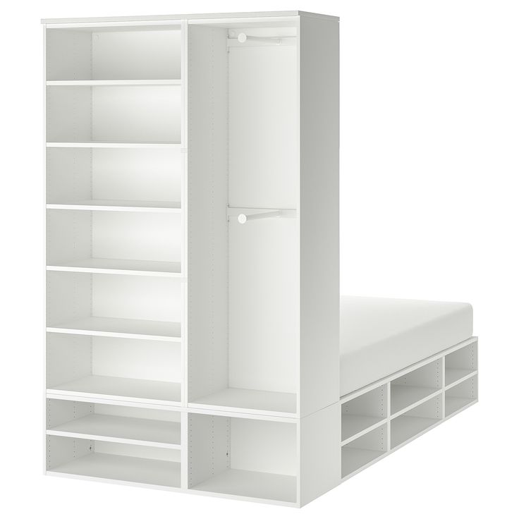 a white bookcase with shelves and drawers on the bottom shelf is shown in front of a white background