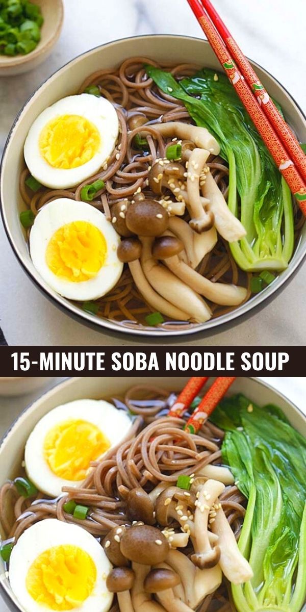 two bowls filled with noodles and vegetables next to chopsticks