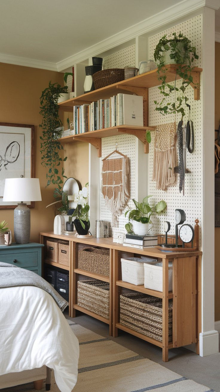 a bed room with a neatly made bed and lots of plants on the shelves above it