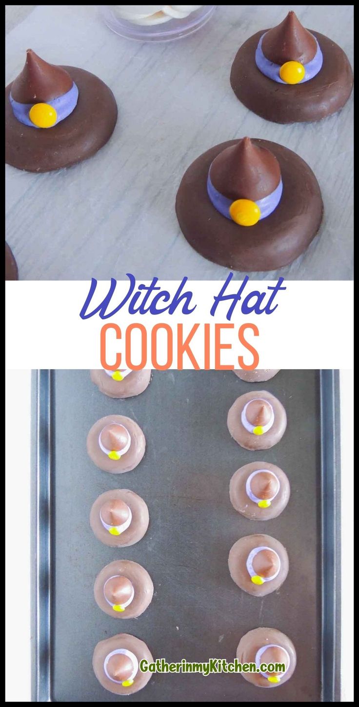 chocolate doughnuts with witches hats on top and the words witch hat cookies above them