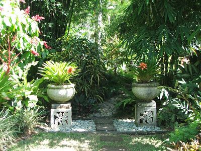 two cement planters sitting in the middle of a garden