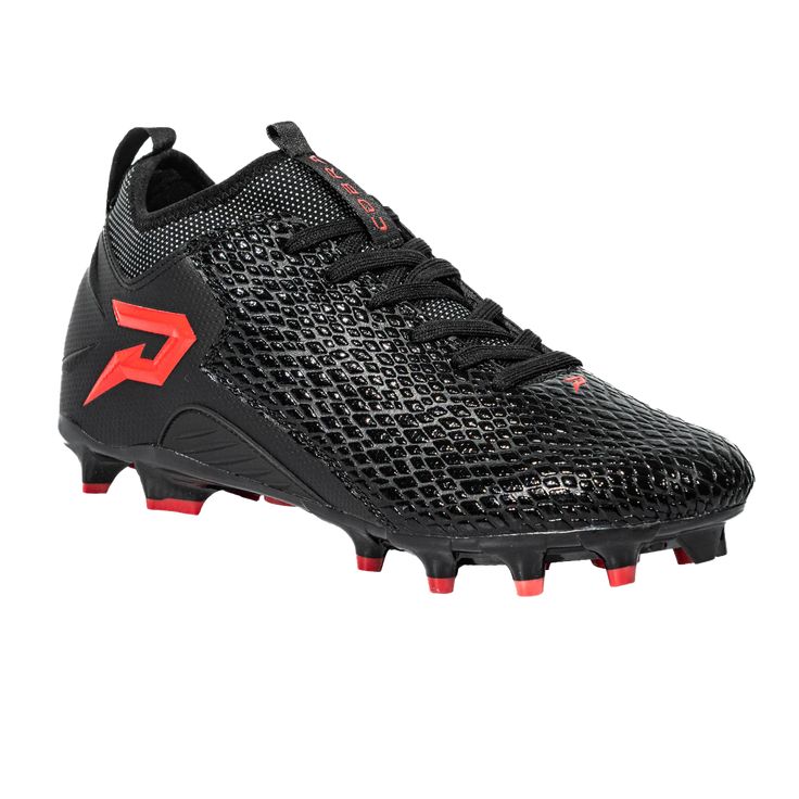 a black and red soccer shoe on a white background