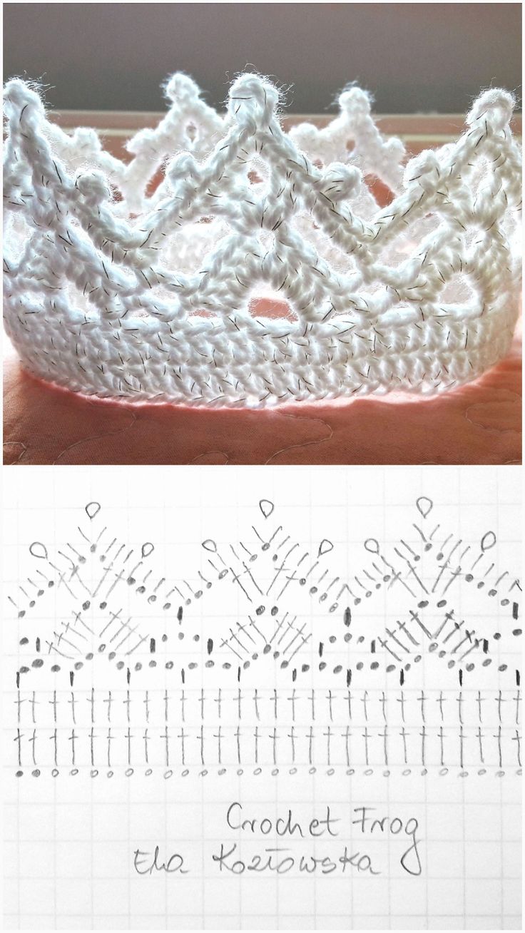 the crochet tiara pattern is shown in two different pictures, one with white yarn