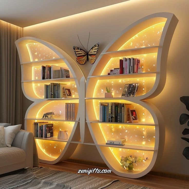 a living room with a butterfly shaped book shelf and bookshelves filled with books