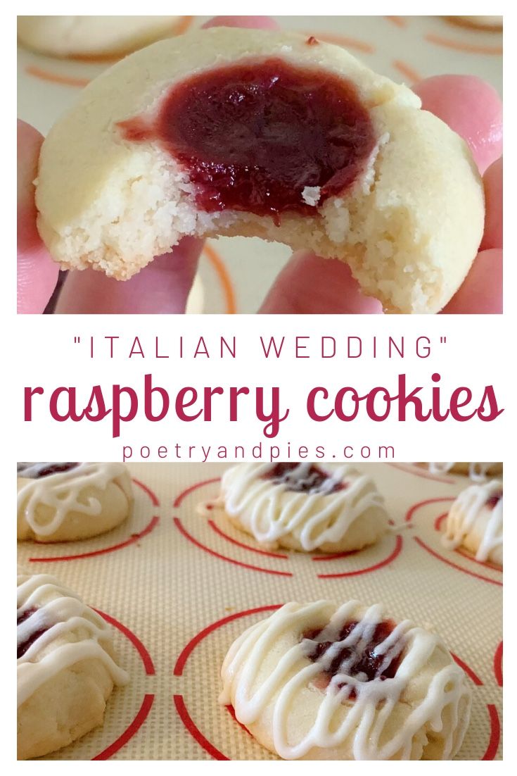 italian wedding raspberry cookies with white frosting on top and in the middle