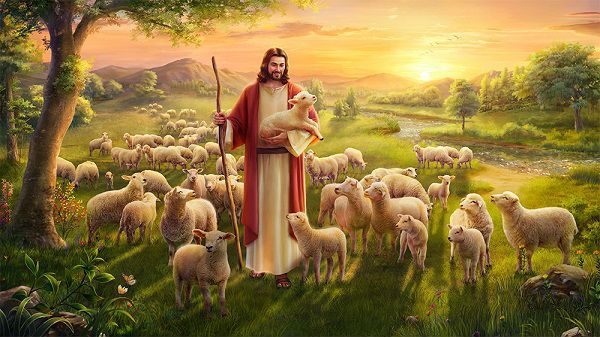 a painting of jesus holding a lamb and surrounded by sheep in a field with trees