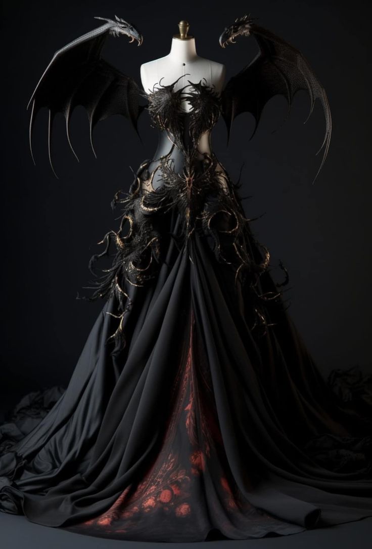 FASHION BLACK - A beautiful 🔥 Queen of Dragons🔥 dress!... Fantasy Gowns Red, Villain Attire, Black Fantasy Gown, Dragon Dress Fantasy Gowns, Black Fantasy Dress, Dresses Fantasy Gowns, Villain Dresses, Queen Of Dragons, Dragons Clothes