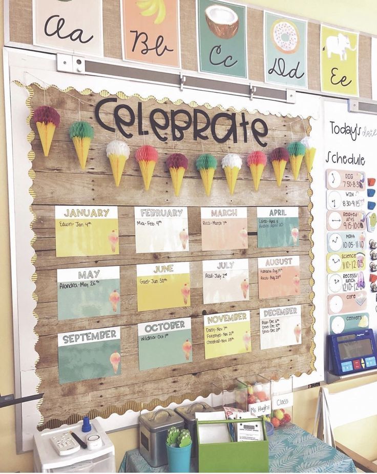 a bulletin board with ice cream cones on it and the words celebrate written in large letters