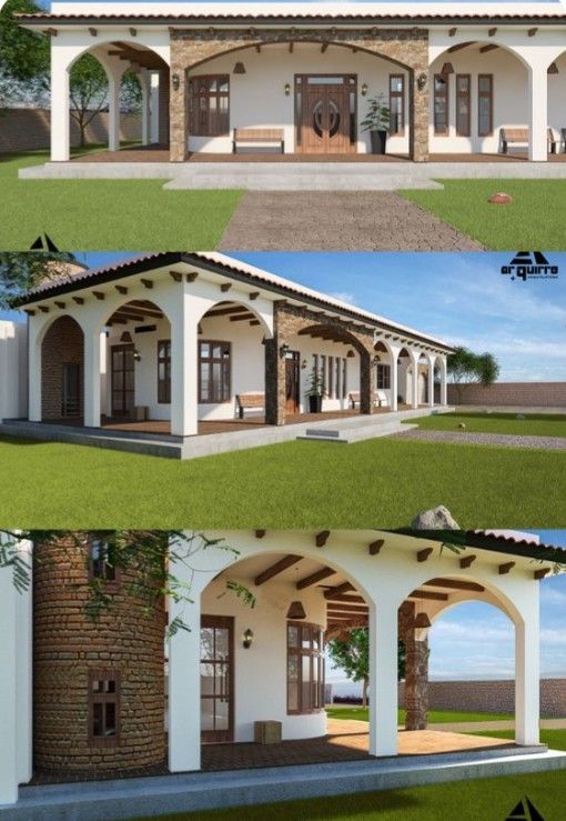 three different views of the front and back of a house