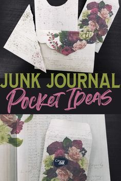 an open book with flowers on it and the title junk journal pocket ideas