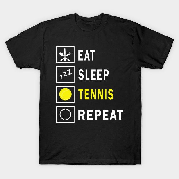 a black t - shirt with the words eat sleep tennis repeat and check boxes on it