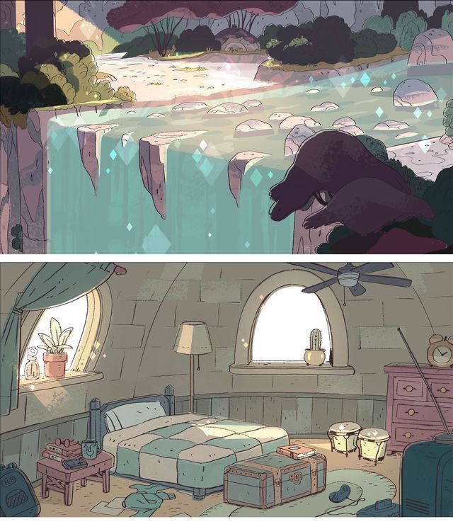 two different views of a bedroom with a bear in the corner and a bed inside