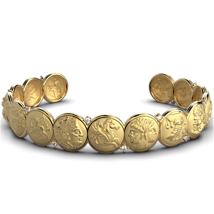 Diamonds Cuff Bracelet with Antique Coin Reproductions - Oltremare Gioielli Diamond Cuff Bracelet, Gold Cuff Bracelet, Antique Coins, Gold Armband, Roman Coins, Italian Craftsmanship, Italian Jewelry, Gold Bracelet Cuff, Gold Cuffs