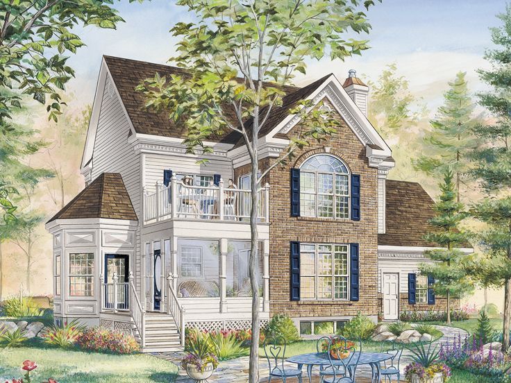 this is an artist's rendering of a house in the country side with trees and flowers