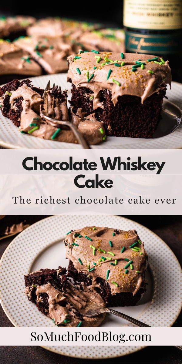 chocolate whiskey cake with frosting and sprinkles on top, served on a white plate